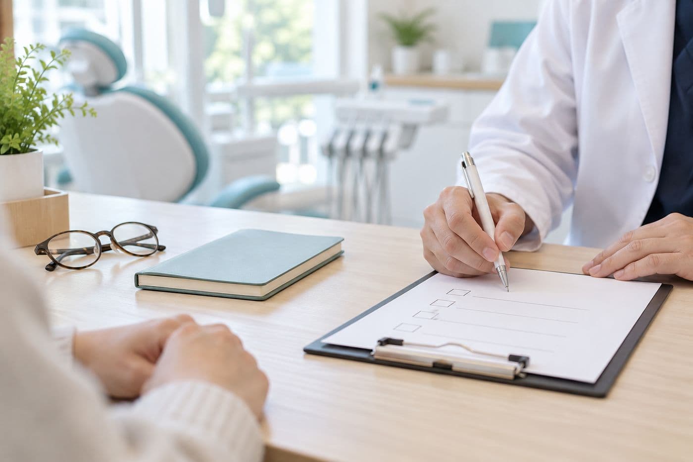 お薬手帳を確認しながら問診しているイメージ